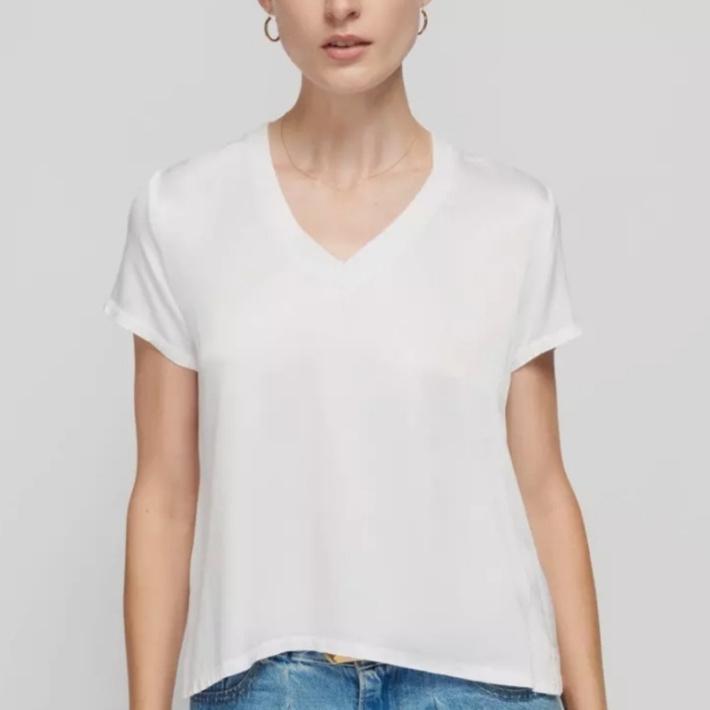 Nation Ltd Womens June Sateen Top V-Neck Short Sleeves Classic Cream Size Xs